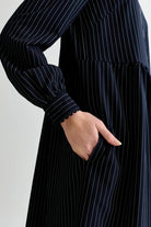 Louche Manton Pinstripe Zip Front Lace Trim Dress Navy - Steranko Clothing Manchester
