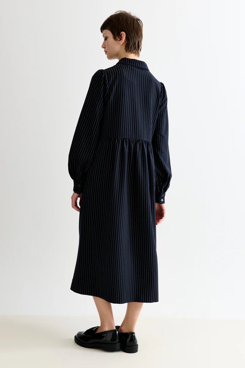 Louche Manton Pinstripe Zip Front Lace Trim Dress Navy - Steranko Clothing Manchester