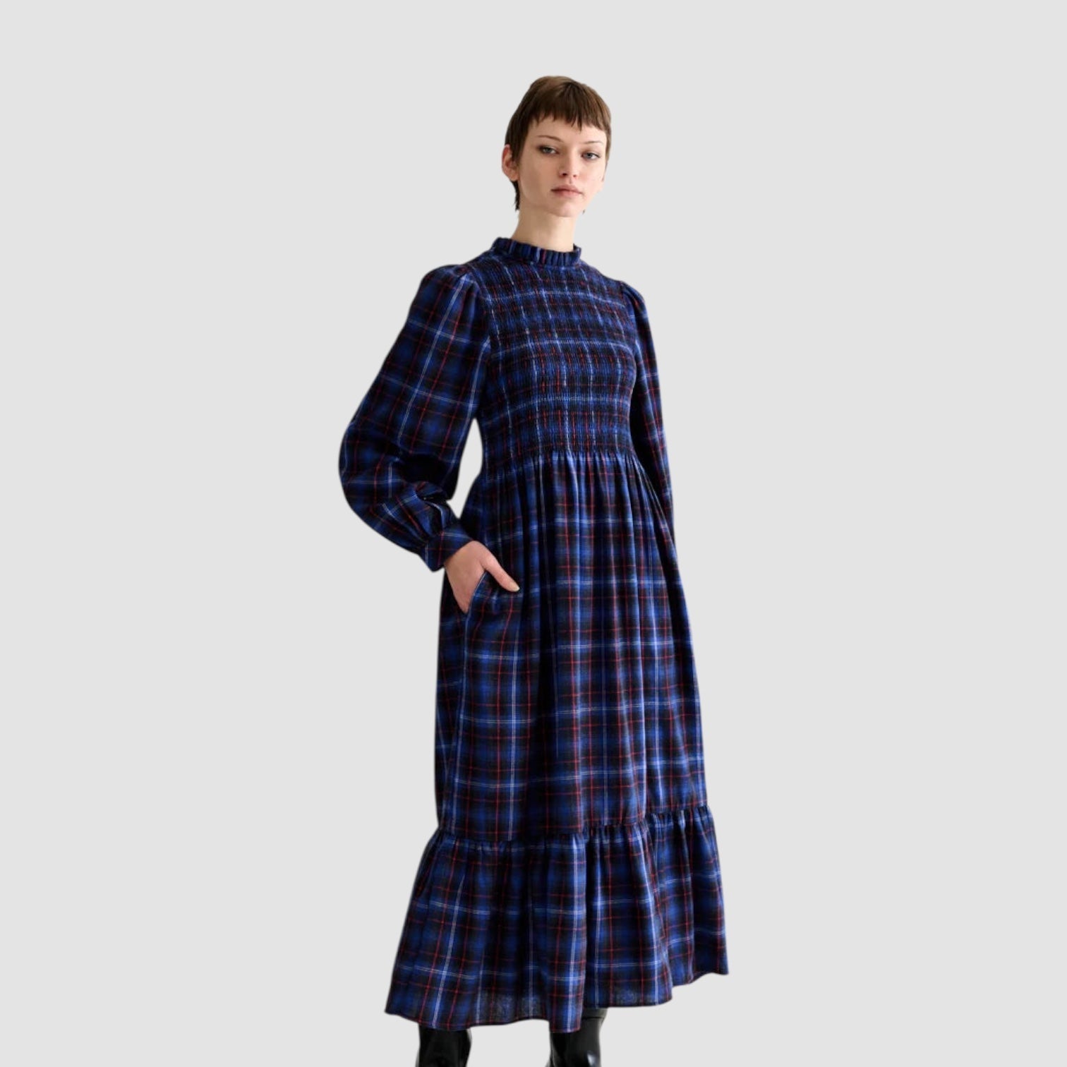 Louche Peppi Winter Check Smocked Bodice Midi Dress Blue - Steranko Clothing Manchester