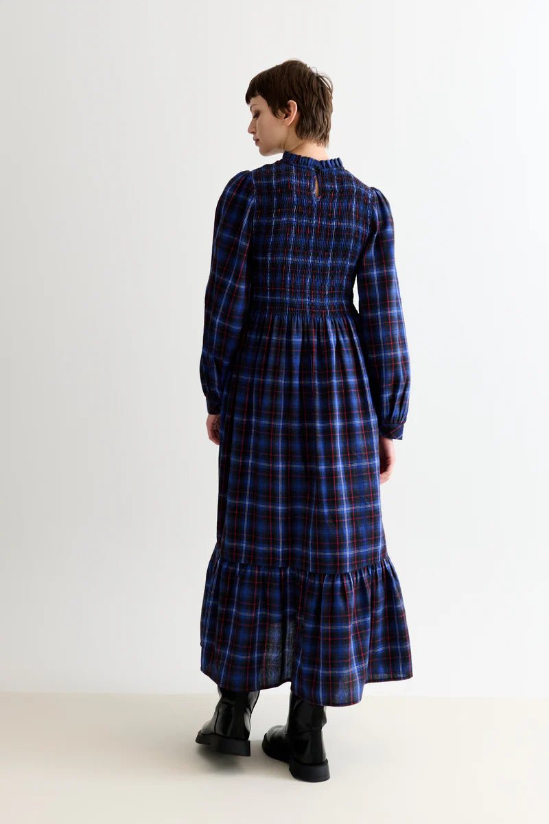 Louche Peppi Winter Check Smocked Bodice Midi Dress Blue - Steranko Clothing Manchester