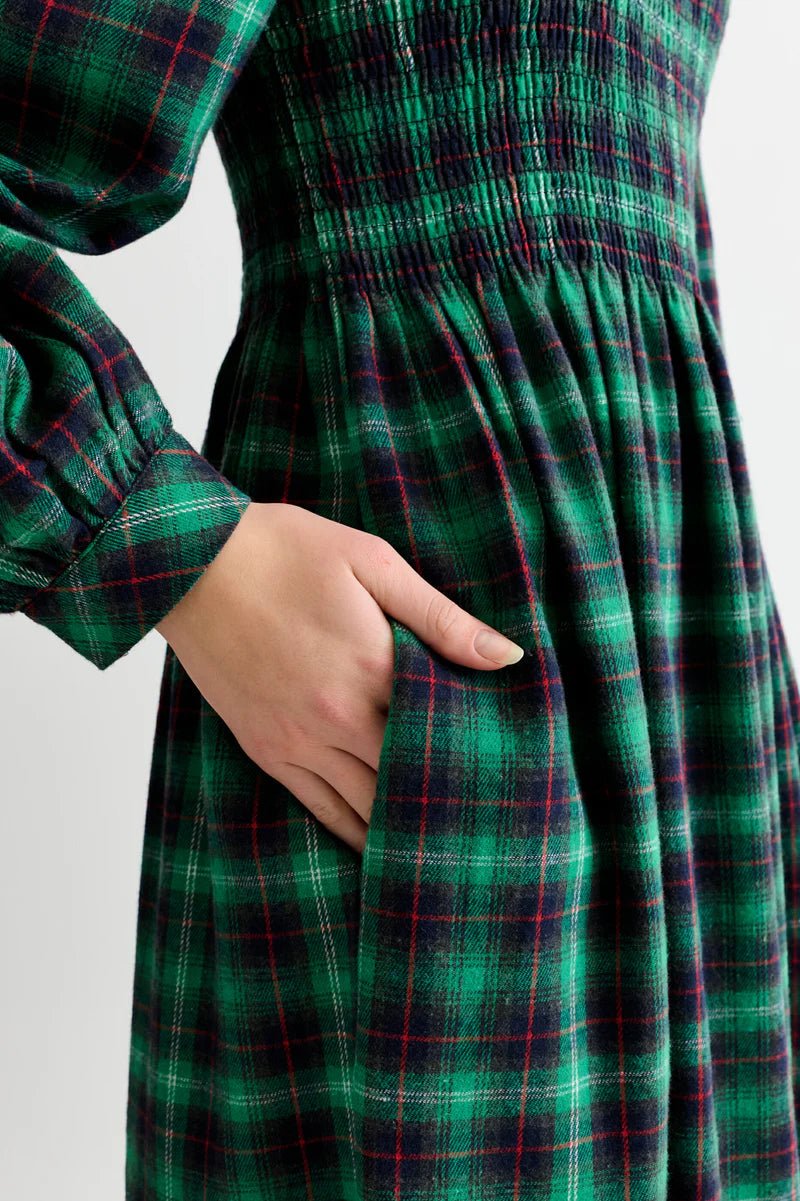 Louche Peppi Winter Check Smocked Bodice Midi Dress Green - Steranko Clothing Manchester