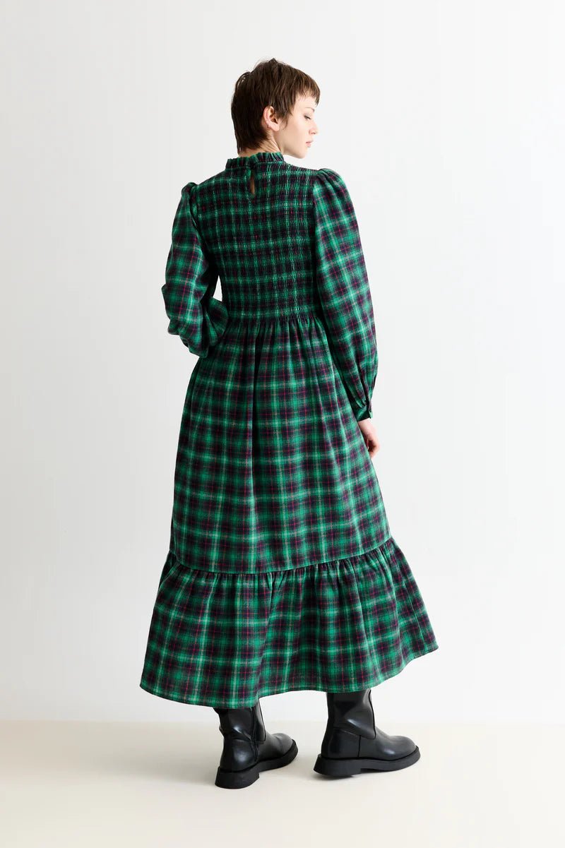 Louche Peppi Winter Check Smocked Bodice Midi Dress Green - Steranko Clothing Manchester