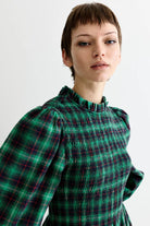 Louche Peppi Winter Check Smocked Bodice Midi Dress Green - Steranko Clothing Manchester