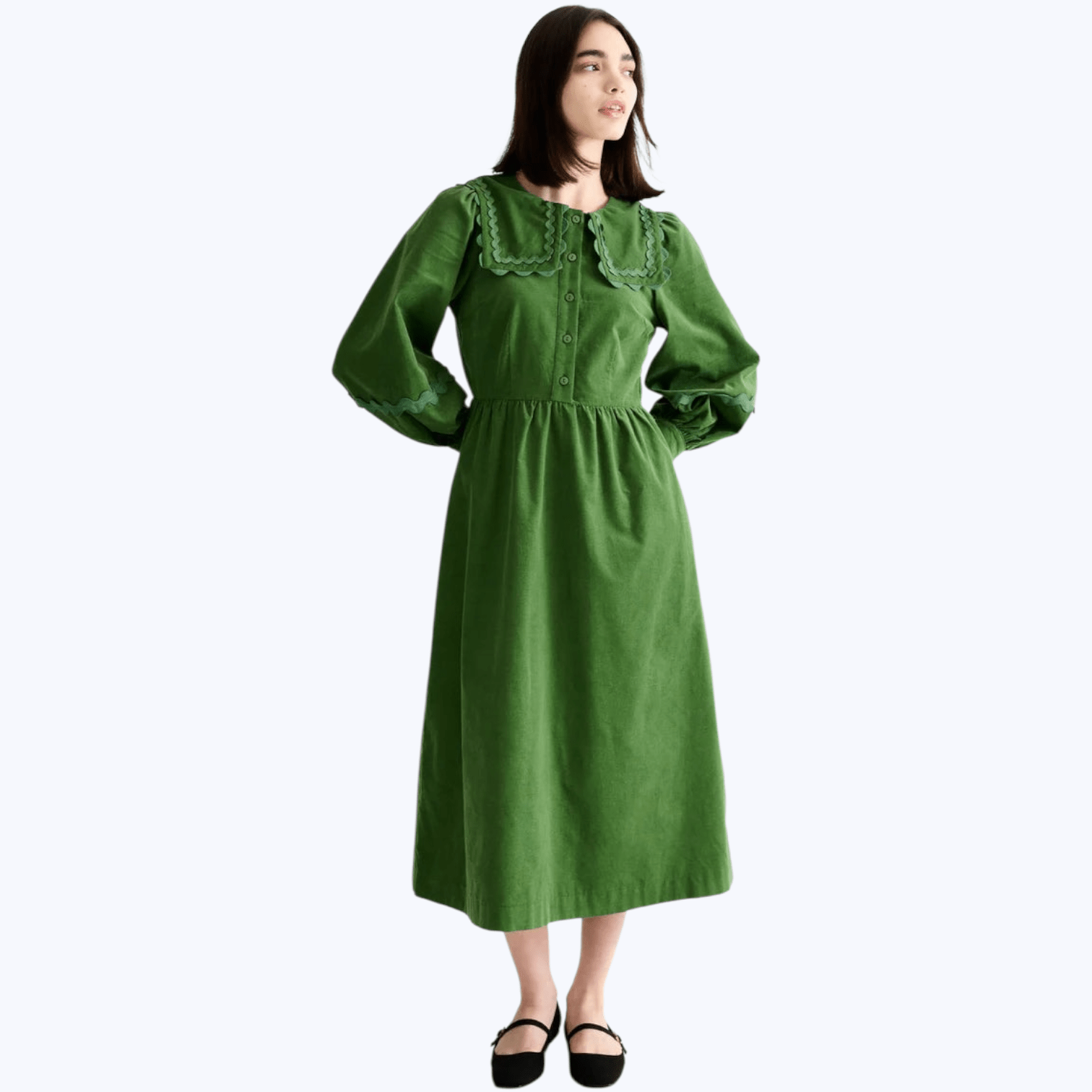 Louche Prudence Babycord Big Collar Dress Olive - Steranko Clothing Manchester