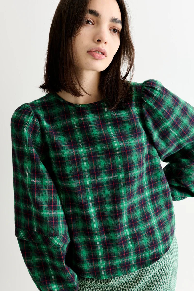 Louche Rivka Winter Check Pleat Long Sleeve Blouse Green - Steranko Clothing Manchester