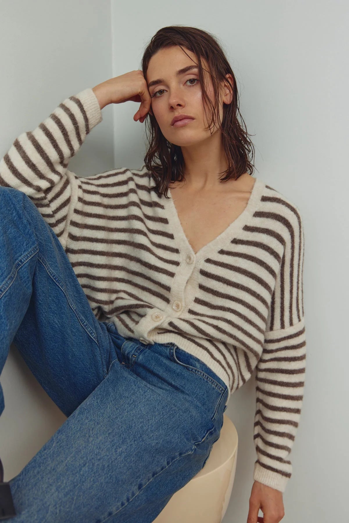 Noella Lenda Knit Cardigan Brown Ivory Stripe - Steranko Clothing Manchester