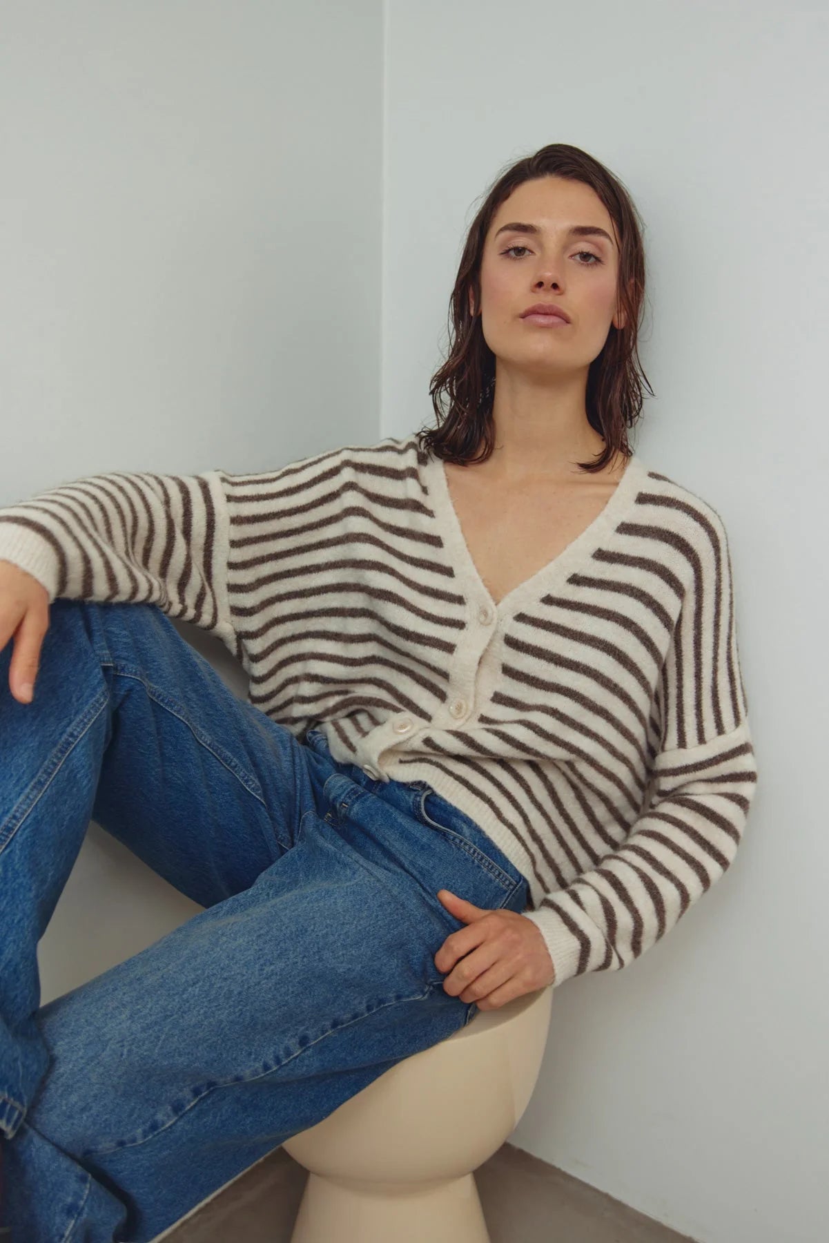 Noella Lenda Knit Cardigan Brown Ivory Stripe - Steranko Clothing Manchester