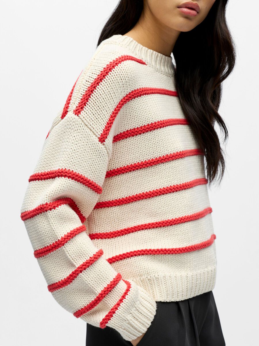 Object Joda L/S Lo Striped Knit Pullover Birch Poinsettia - Steranko Clothing Manchester