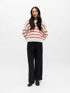Object Joda L/S Lo Striped Knit Pullover Birch Poinsettia - Steranko Clothing Manchester
