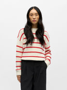 Object Joda L/S Lo Striped Knit Pullover Birch Poinsettia - Steranko Clothing Manchester