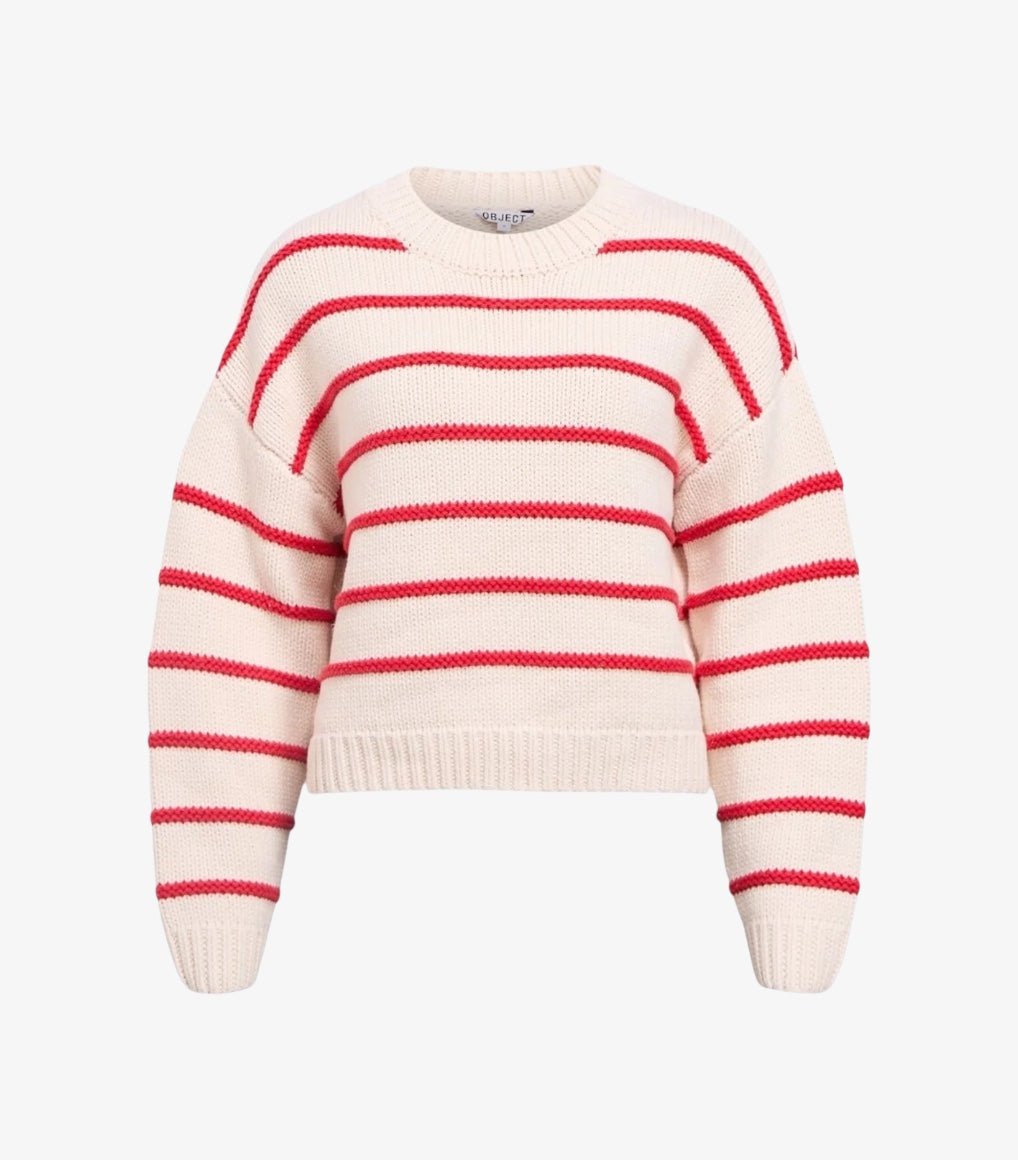 Object Joda L/S Lo Striped Knit Pullover Birch Poinsettia - Steranko Clothing Manchester
