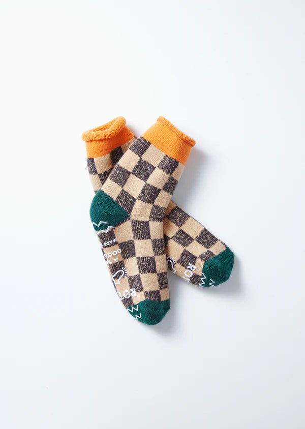 Rototo Pile Room Socks Checkerboard Light Orange / Dark Green - Steranko Clothing Manchester