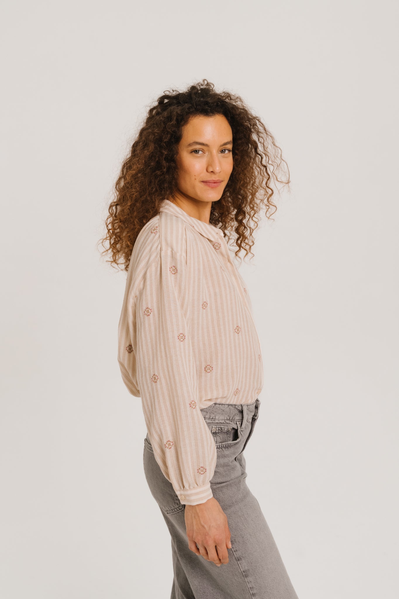 Sacrecoeur Ali Blouse Embroidered Stripe Cream/Beige - Steranko Clothing Manchester
