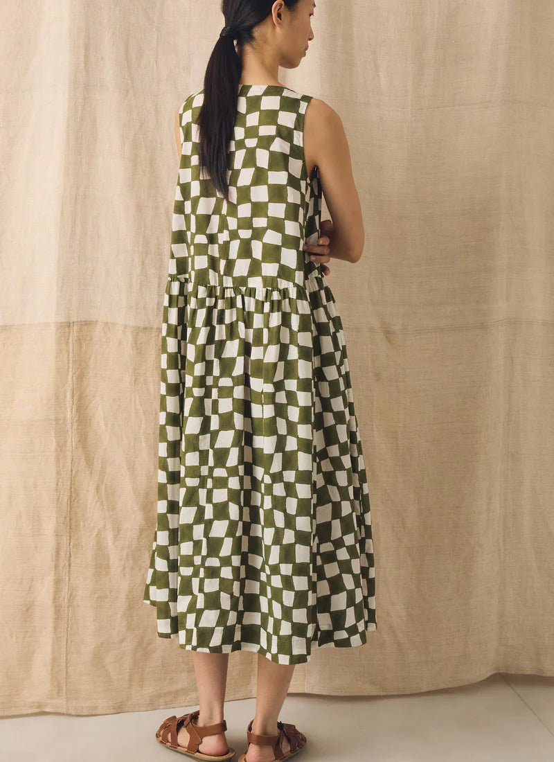 Toast Block Print Warp Check Sleeveless Dress Olive - Steranko Clothing Manchester