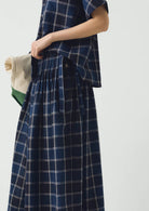 Toast Market Check Pleated Cotton Linen Skirt Denim Blue - Steranko Clothing Manchester