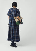 Toast Market Check Pleated Cotton Linen Skirt Denim Blue - Steranko Clothing Manchester