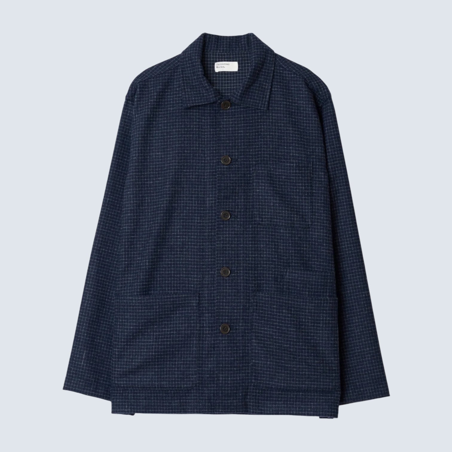 Universal Works Bobby Wool Mix Bakers Overshirt Navy Check - Steranko Clothing Manchester