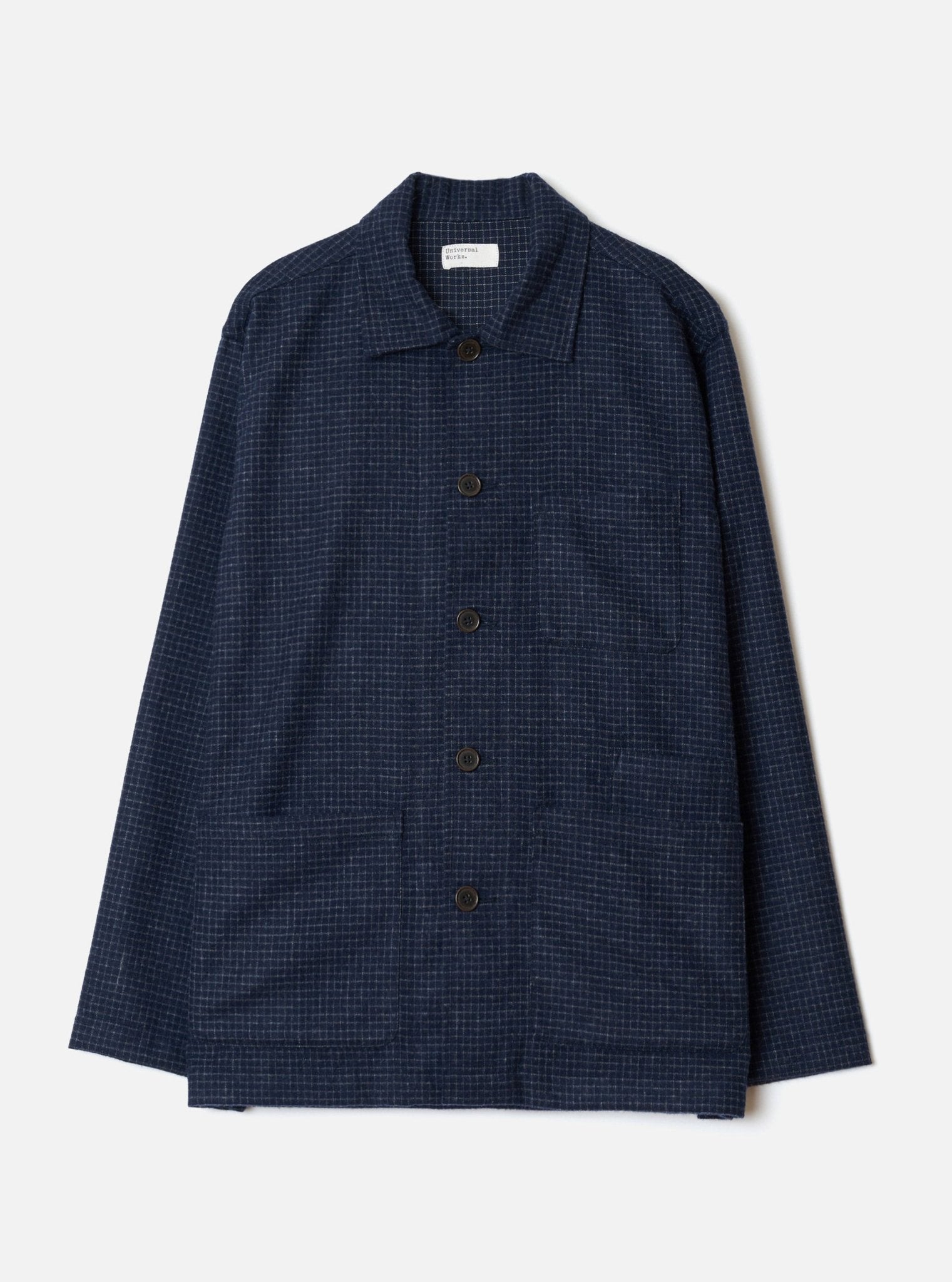 Universal Works Bobby Wool Mix Bakers Overshirt Navy Check - Steranko Clothing Manchester