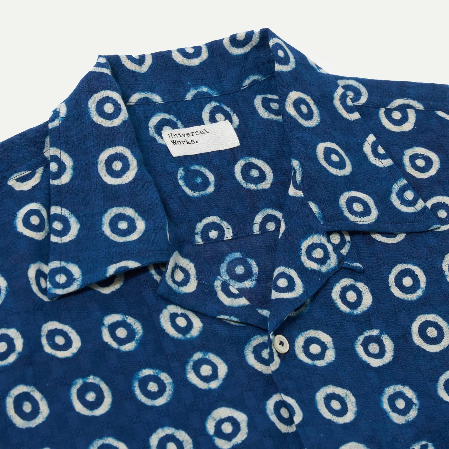 Universal Works Camper Shirt Block Print Circles Navy - Steranko Clothing Manchester