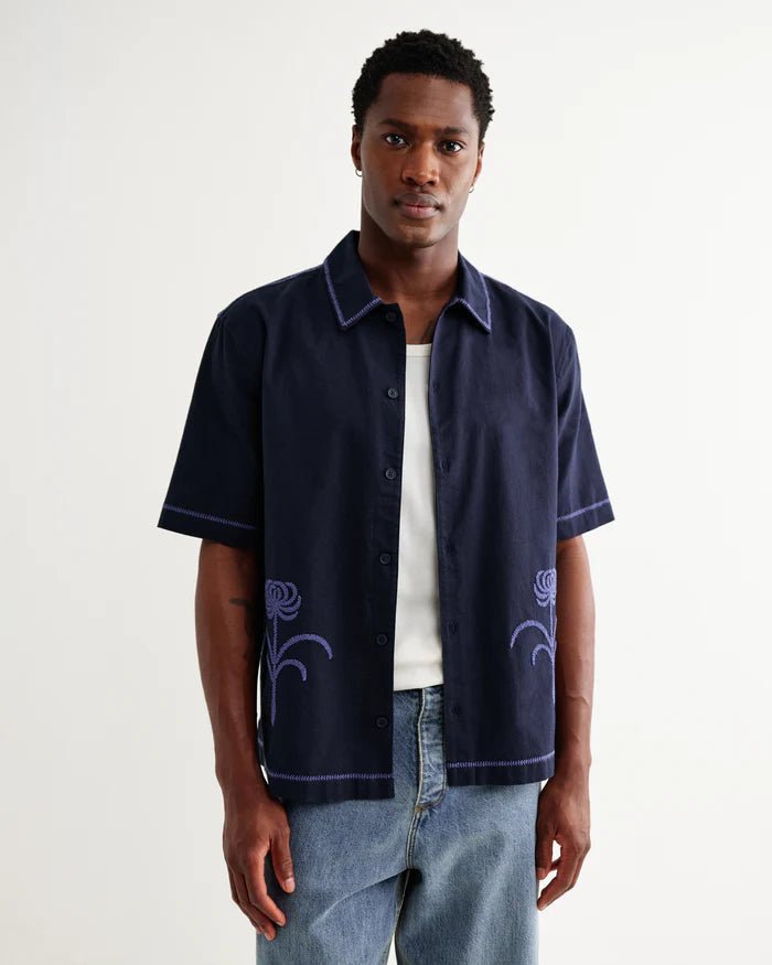 Wax Keats Shirt Dahlia Embroidery Navy - Steranko Clothing Manchester